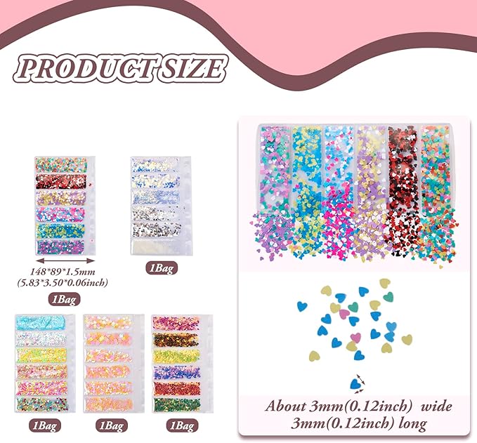 FASHEWELRY 5 Bags Nail Art Glitter Sequins Colorful Sparkle Moon Heart Round Nail Sequin 3D Glitter Flakes Nail Supplies for Women Girls Manicure Decorations Accessories