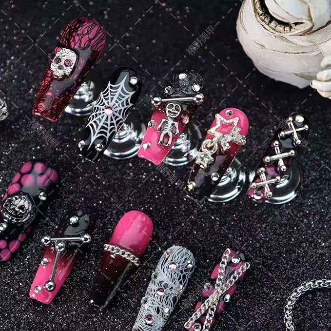 100% Handmade Press on Nails Halloween Long Coffin Fake Nails with Skeleton Punpkin Star Charms Design Ombre Pink Black Glue on Nails Reusable Halloween Handmade Nail for Women Manicure Size M