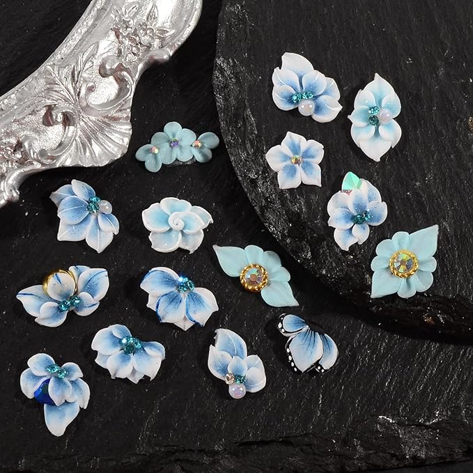 30PCS 3D Handmade Flower Nail Art Charms Advanced Handcrafted Cherry Blossom Flower Colorful Sculpted Floral Nails with Rhinestone Caviar Beads Design for Women Profession Nail Art Craft Jewelry