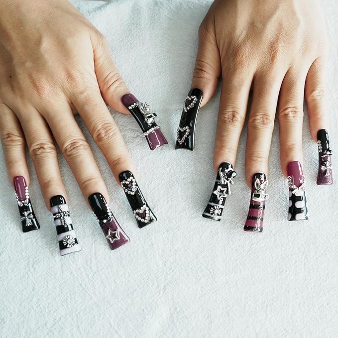Press on Nails Gothic Long Duck - Metallic Long Duckbill False Nails Tri-Color Black, Purple & Hot Pink with 3D Metal Charms Cross, Star, Heart for Party, Festival (Dark Romance,L)