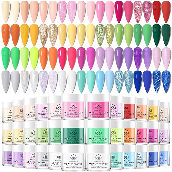 Born Pretty Acrylic Powder Set 36 Colors Spring Summer Acrylic Nail Powder Nude Pink Red Green Blue Purple Yellow Professional Polymer 3D Nail Art Kit for French Extension Carving Valentines Day Gift