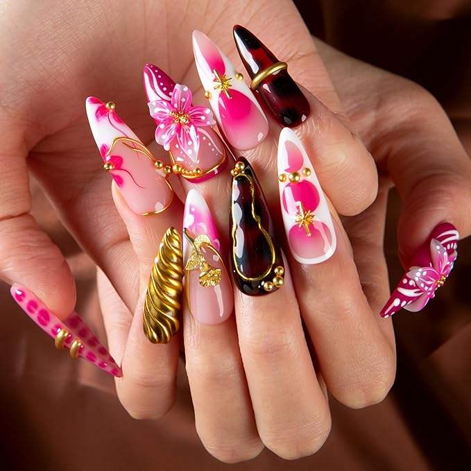 LOVFUL Short Press on Nails Flaming Desire | Handmade Acrylic Press ons| Reusable Fake False Nails | Stiletto Classic Regular 1.3in | H690-S