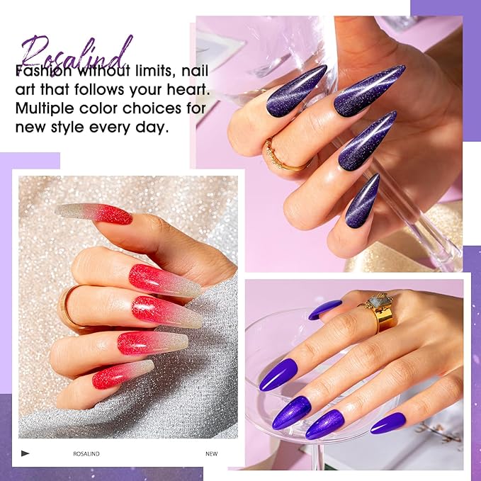 ROSALIND 24PCS Cat Eye Gel Nail Polish Set with Glitter Glossy Matte Top Coat Base Coat, Color Changing Glitter Shinny Effect Magic Gel Polish Set Soak Off Nail Gel Polish Nail Art