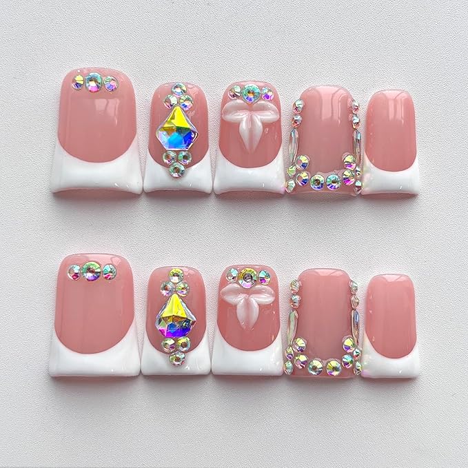 French Tip Press on Nails Handmade Short Duck 3D Flower Thick Acrylic Nails Elegant False Nails with Rhinestones Designs Wedding Glossy Fake Nail White Sturdy Art Press on Nail 10Pcs(M)