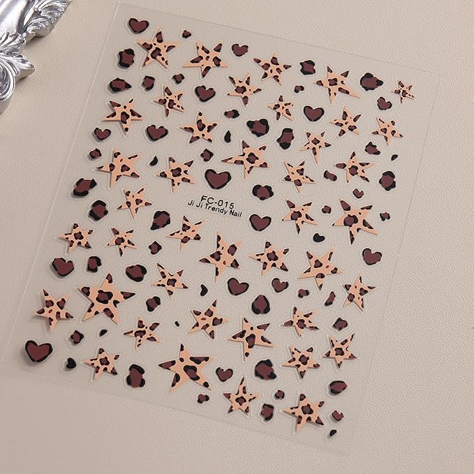Leopard Print Nail Stickers Fall 5D Embossed Nail Art Stickers Autumn Nail Decals with Stars Designs Brown Pink DIY Self-Adhesive Nail Art Supplies 4 Sheet