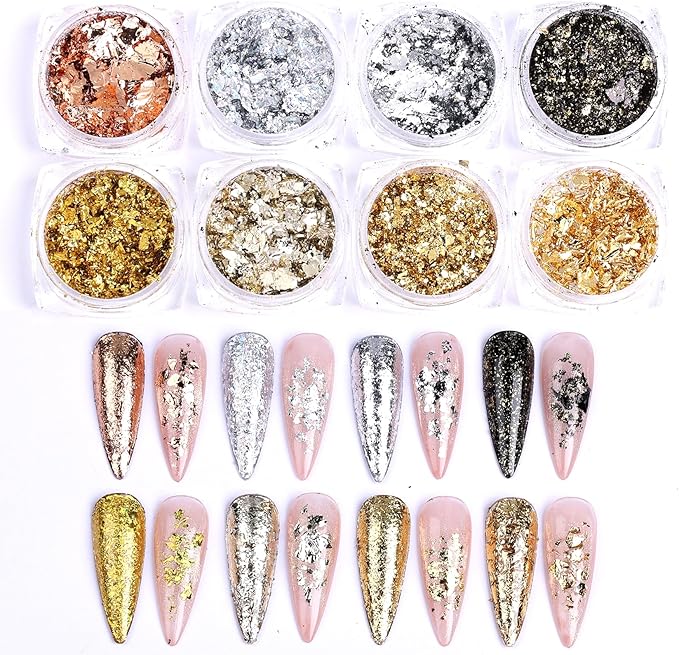 8 Bottles Gold Flakes Nail Glitter Foils Metallic Gold Silver Black Rose Golden Foil Nail Sequins 3D Irregular Ultra-Thin Aluminum Nail Art Flakes Designs Shiny Gold Leaf for Nails Decoration