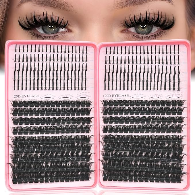 Lash Clusters with Spikes, 120D+120D Eyelash Clusters Extensions Individual D Curl Fluffy Wispy False Eyelashes DlY Manga Lashes Extension (12-22mm, Lash Clusters)