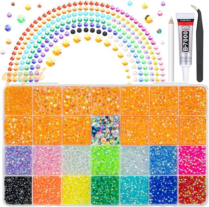Orange AB Resin Rhinestones w B7000 Glue for Crafting Bedazzling 2mm-6mm Flatback Colorful Jelly Stones Diamonds Gems Bedazzler Kit for Nails Face Eyes Makeup Tumblers Bottles DIY Crafts Shoes