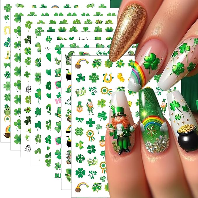 8Sheets St. Patrick's Day Nail Art Stickers Decals 3D Self Adhesive Spring Nail Decals Green Shamrock Nail Stickers Lucky Rainbow Clover Gnome Design Cute Nail Decoration Supplies for Women DIY