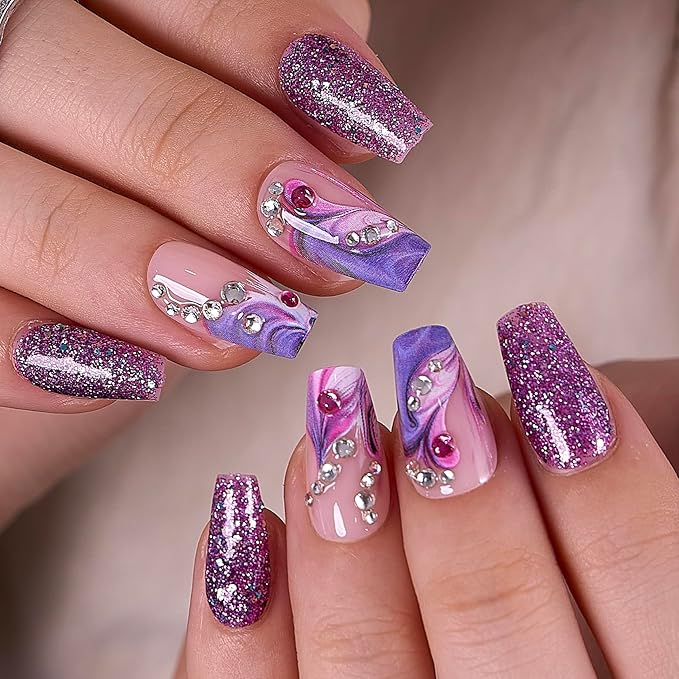 Curvlife Press on Nails Acrylic Long Square Fake Nails with Dream violet Design Full Cover False Nails Tips for Women Reusable Nail Kit with Nail Glue Adhesive Tabs