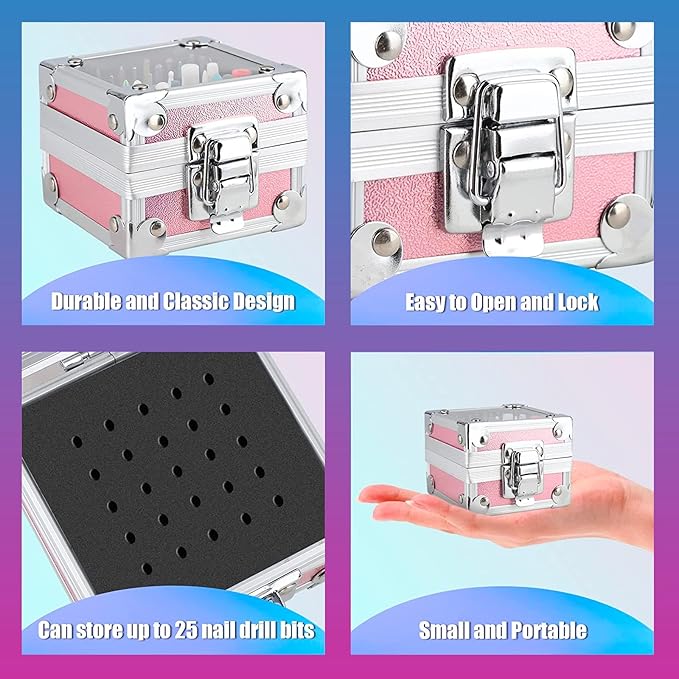 25Pcs Nail Drill Bits Set: 3/32 Tungsten Carbide Ceramic Diamond Cuticle Safety Professional Drill Bits Nail Tech with Pink Holder Case & 50Pcs Sanding Bands for acrylic gel Remover Manicure Pedicure