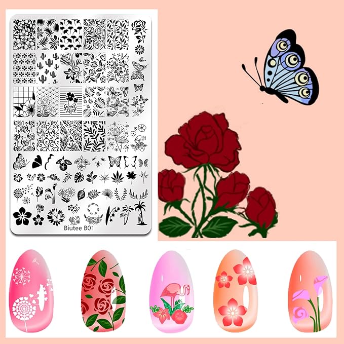 Biutee 4PCS Nail Stamping Plates Set, Includes Nail Art Stamper & Scraper - French Line Lace, Space, Animal, Flower, Leaf Designs - Large Nail Art Stencils Templates for DIY Manicure