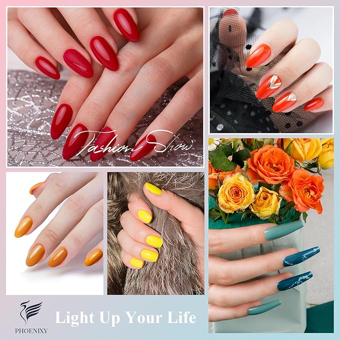 phoenixy 24 PCS Gel Nail Polish Set, 21 Colors Soak Off Gel Nail Kit Nude Pink Red Blue Green Yellow Orange Nail Polish Set with Base Gloss Matte Top Coat Nail Kit Gifts for Women