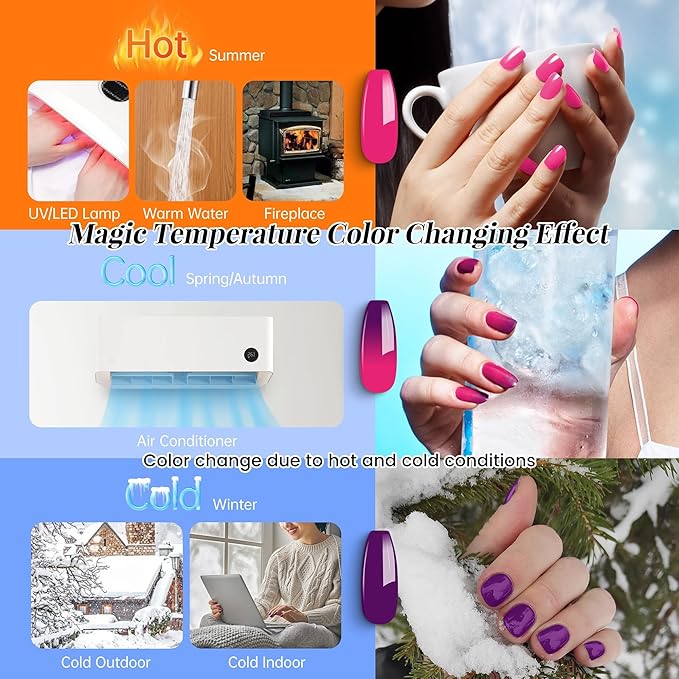 YTD Likomey Color Changing Gel Nail Polish 2 Pcs Set,15ml Hot Pink To Purple Pure Color and Brocade Glitter Nails Gel Kit,Thermal Ombre Change Colors Salon Manicure Fall Winter UV Varnish,WB2-4