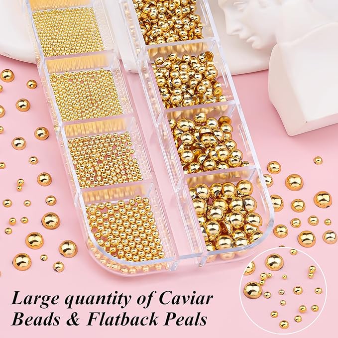 Gold Nail Charms Caviar Beads for Nails, 1.5-5mm Half Round Flatback Nail Pearls 0.7-2mm Gold Beads with Pickup Tools for Nails Face Eyes Makeup (32-K1-5)