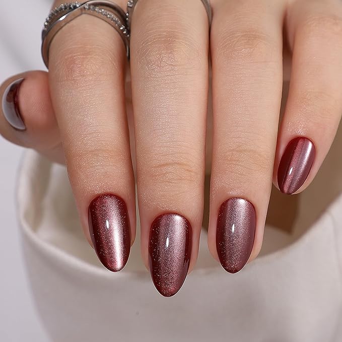RTKHFZE Press On Nails Short - Brown Cat Eye Fake Nails Soft Gel Press on Nails Short Almond with Nails Glue,Fit Perfectly,Reusable Stick Glue On Nails in 16 Sizes - 32Pcs False Nails Kit
