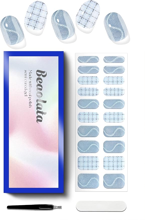 Semi Cured Gel Nail Strips - UV Light Gel Nail Stickers - 20 Long Lasting Salon Quality Wraps (Baby Breath Blue)