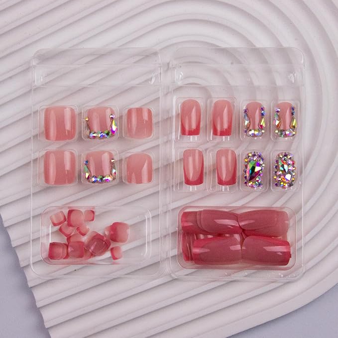 48Pcs Square Press on Nails Short & Press on Toenails Set, Pink French Tip Press on Nails with Rhinestone Design Fake Nails Short Press on Toe Nails for Women Manicure Kit