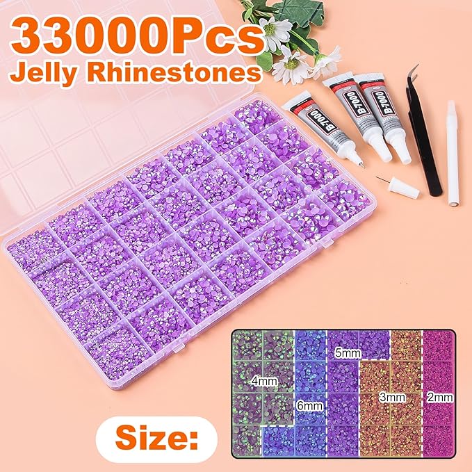 33000Pcs Light Purple AB Resin Jelly Rhinestones for Bedazzling, 2-6mm Flatback Gems for Diamond Art, Bedazzler Kit with 3Pcs 10ml B7000 Jewelry Glue for Crafting Crafts Nail Art