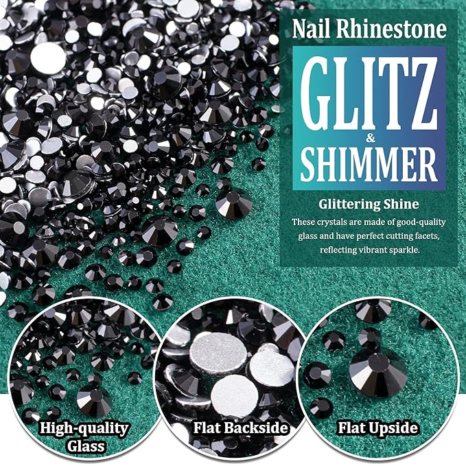 6 Sizes Black Glass Crystal Kit with Pickup Pen + Tweezer Tools for Shine Nail Art Manicure Makeup DIY Decoration Flatback Round Rhinestone Gem Jewelry Diamond