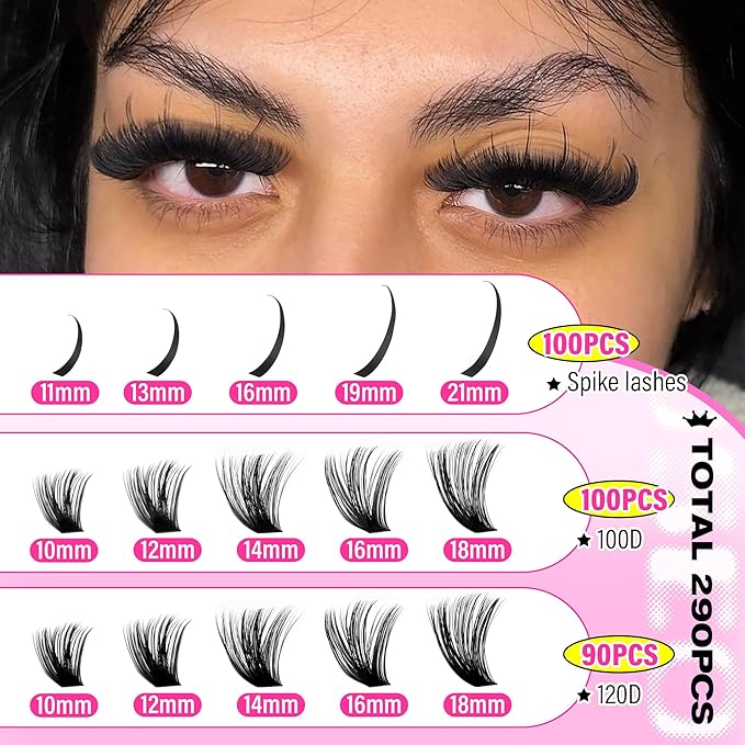 wiwoseo Lash Spikes Lash Clusters Kit Fairy Lash Clusters Eyelash Extensions Kit Spiky Eyelash Clusters Kit 100D+120D Fluffy Cluster Lashes Salon Lashes Clusters Kit with Clear Lash Bond and Seal
