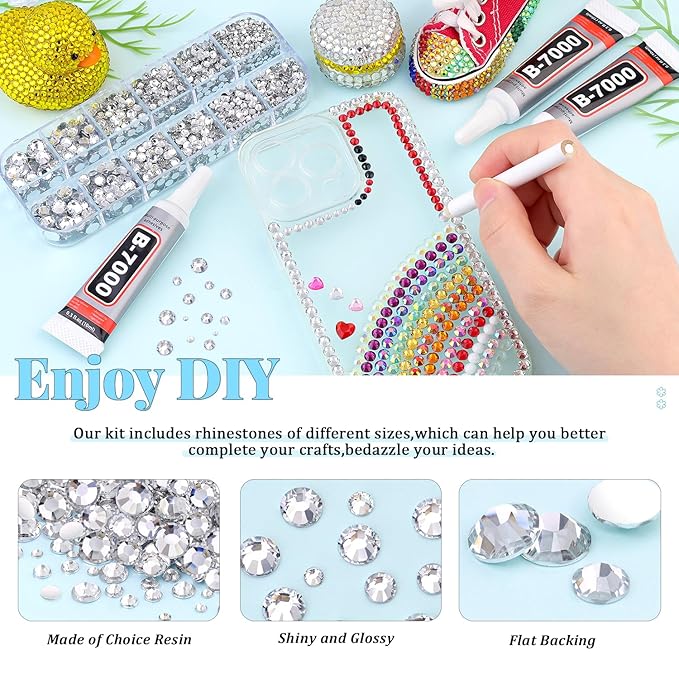 12000Pcs Resin Rhinestones for Bedazzling with 3Pcs B7000 Jewelry Glue, 2 Boxes Clear Flatback Rhinestones for Crafting Crafts DIY, Crystals Gems for Clothing Shoes Tumblers Nail Art Makeup