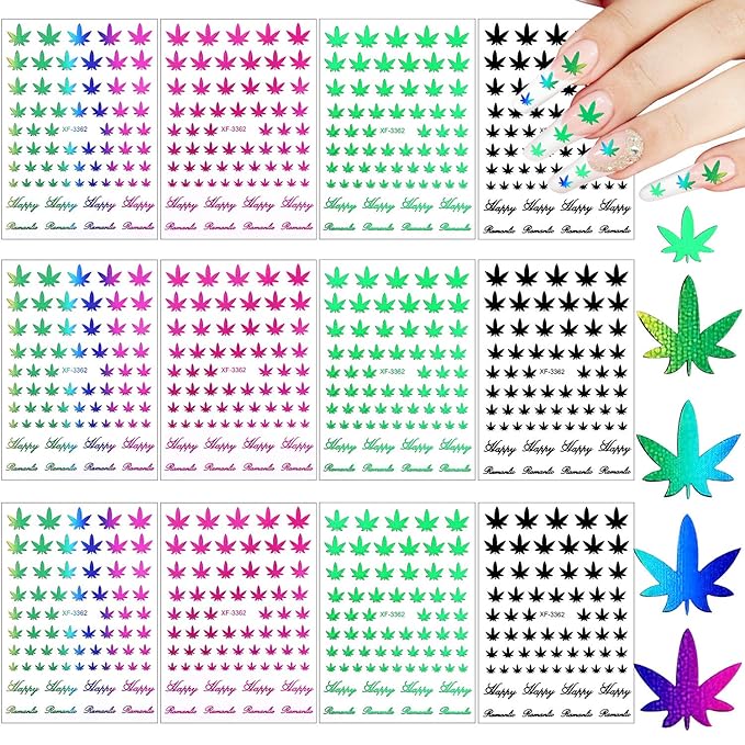 12 Sheets Colorful Leaf Nail Decals - Self-Adhesive Pot Leaves Nail Stickers for Women
