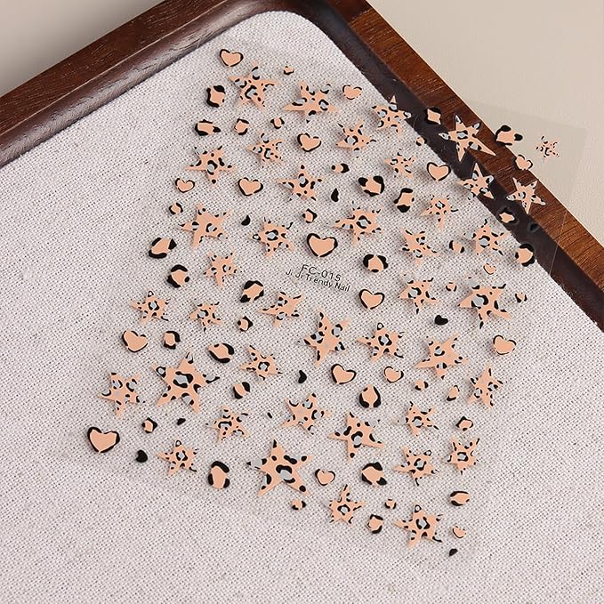 Leopard Print Nail Stickers Fall 5D Embossed Nail Art Stickers Autumn Nail Decals with Stars Designs Brown Pink DIY Self-Adhesive Nail Art Supplies 4 Sheet