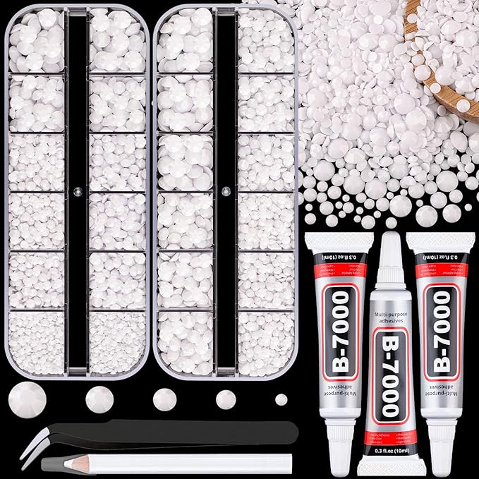 Resin Jelly Rhinestones for Crafting with B7000 Jewelry Glue, 2 Boxes White Flatback Crystals with 3Pcs 10ml Glue, Bedazzling Non Hotfix Gems for DIY Tumblers Clothing Shoes Manicure