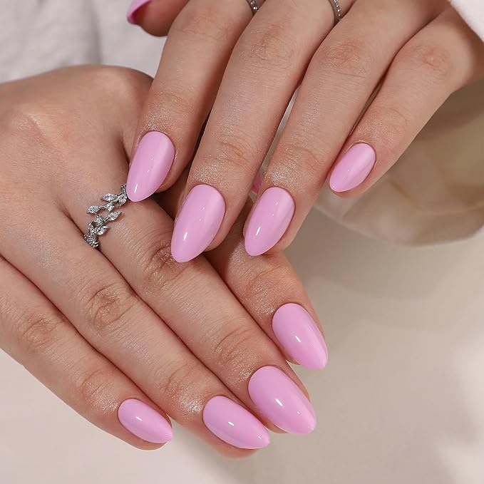 Press On Nails - Pretty In Pink | Pink Medium Almond, UV Finish, Reusable | 32 Nails, 16 Sizes Kit with Glue and Adhesive Tabs I Female Founded