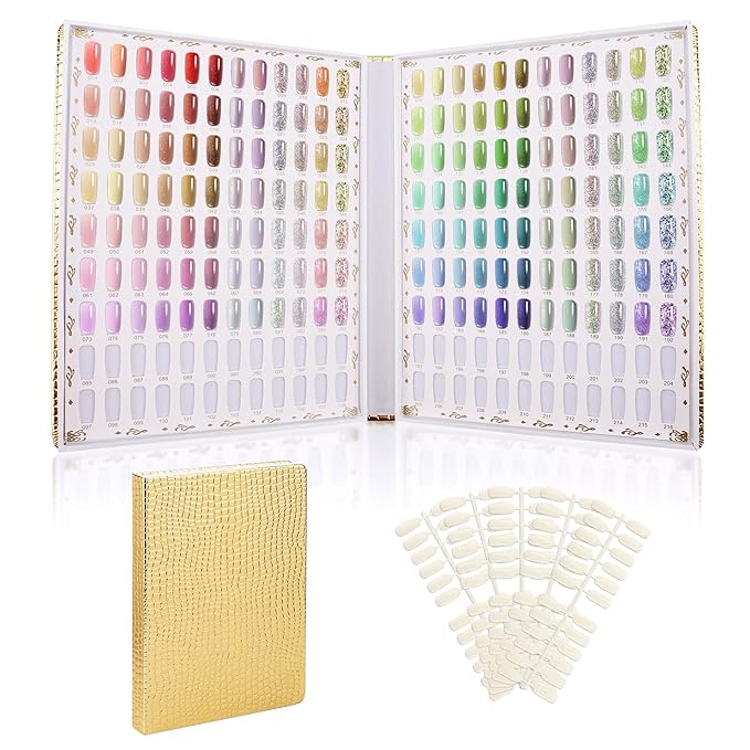 Segbeauty 216 Colors Nail Display Chart, Nail Gel Polish Organizer Color Card with 240 False Tips, Salon Fingernail Beauty Sample Supplies Tool Set Stick Cardboard Finger Painting Practice Book Golden