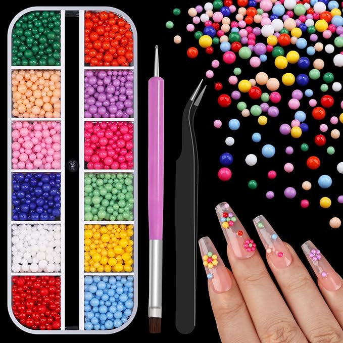 3D Mini Small Metal Stainless Steel Caviar Nail Beads Balls, 0.8-3mm Gold Silver Alloy Nail Art Chain Charms Studs with Tweezers and Dual-end Brush (20-K1-colorful-beads)