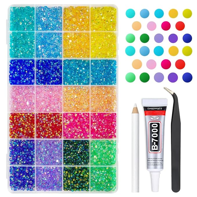 24000Pcs 14 Color 3mm 4mm Transparent AB Resin Rhinestones w B7000 Glue for Bedazzling Crafting Flatback Colorful Stones Crystals Gems Diamonds for Nails Face Makeup Tumblers Bottles DIY Crafts