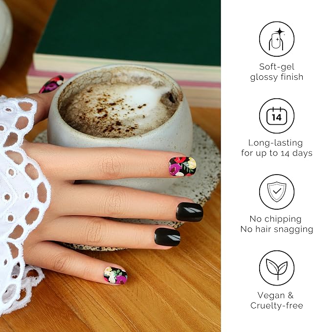 NAILOG Semi Cured Gel Strips - 20 Pcs Nail Stickers | Buy 2 Get 1 UV Light | Extra Long Wraps With Glossy Gel Finishing Black Flowers, Poppy