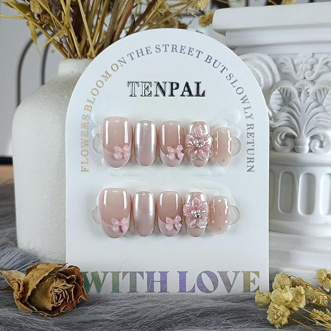 Pink French Tips Press on Nails Short Oval 10 Pcs with Tool Kit,3D Flower Fake Nails with Gel Effect,Handmade Pink Sweet Cute Nails with Bow & Dots Designs,Easy Press ons Whitening Nails(L)