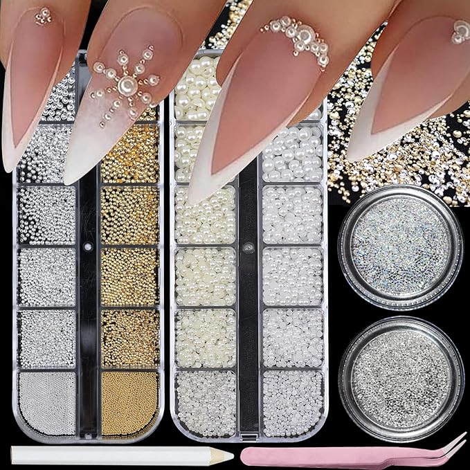 Nail Art Rhinestones with Pearls Flatback Pearls Nail Charms Luxurious Supplies Accessories Gold Silver Gems Jewelry Decorations for Women Manicure Design