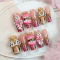 Handmade Press on Nails Long Square Fake Nails Leopard Print French Tip False Nails with Charms Pink 3D Lips Designs Acrylic Press Ons Luxury Reusable Glue on Nail for Women DIY 10Pcs (Size M)