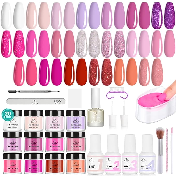 Beetles Dip Powder Nail Kit 36pcs 20 Colors Nude Hot Pink Red Glitter White Dip Nails Powder Starter Kit with Base Top Coat Activator Cuticle Oil Nail Set for Women Alluring Sweetie Collection