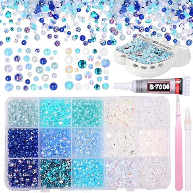 15 Grids Pearls and Resin Rhinestones for Crafting, Blue White Bedazzling Gems Kit, Jelly Resin Rhinestones for Nails Face Eyes Makeup Crafts Tumblers Bottles