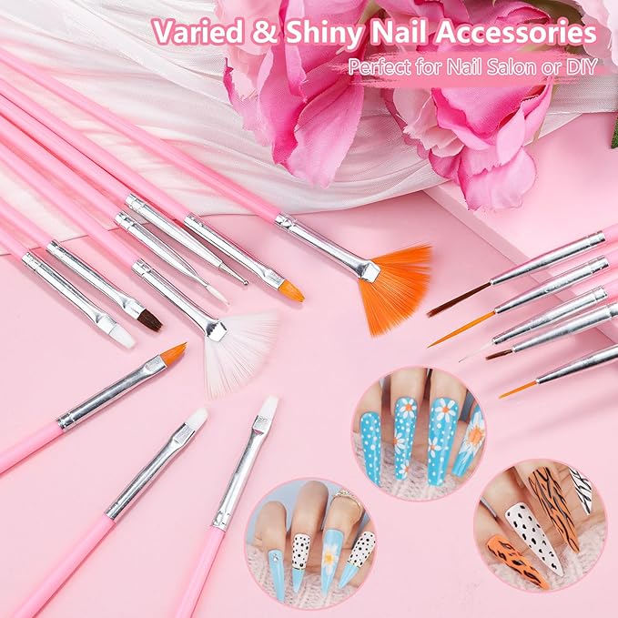 20 Nail Art Brushes Kit with Striping Tapes, Rhinestones, Pearls, Butterfly Sequins, Flower Charms & Stickers for Nails DIY Manicure Gifts (Pink)
