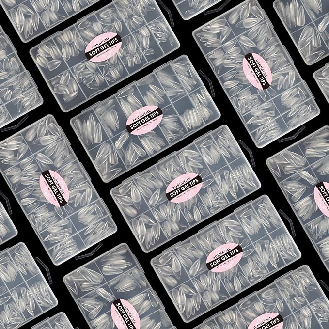 Medium Stiletto Soft Gel Nail Tips, BORNBYME 240 PCS Pre Buff Full Cover Shaped Nail Extenison Tips Half Matte Gel Nail Tips