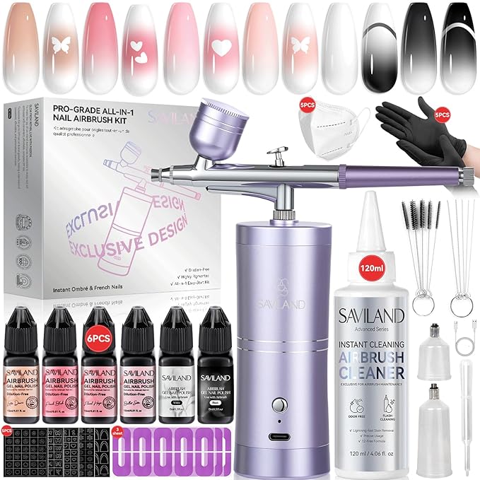 SAVILAND 7-in-1 Pro Airbrush Set: 6PSC Pink Airbrush Gel Nail Polish & Airbrush for Nails & Airbrush Cleaner & Airbrush Stencils & Protector for Fingers & Masks and Gloves Instant Nail Art
