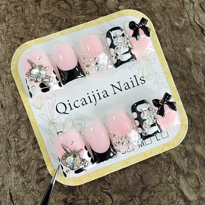 Handmade Duck Press on Nails Medium Fake Nails Black French Tip Press on Nails with 3D Bow Rhinestone Design Multi Gel Acrylic False Nails Luxury Duck Nails Press ons for Women Manicure 10Pcs(Size M)