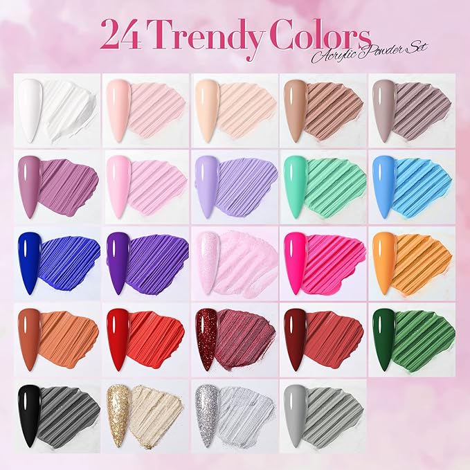 BORN PRETTY Acrylic Powder Set-24 Colors Acrylic Nail Powder Set All Seasons Colors Pigmented Powders for French Nail Extension Valentines Day Gifts for Women Home DIY & Salon No Lamp Needed