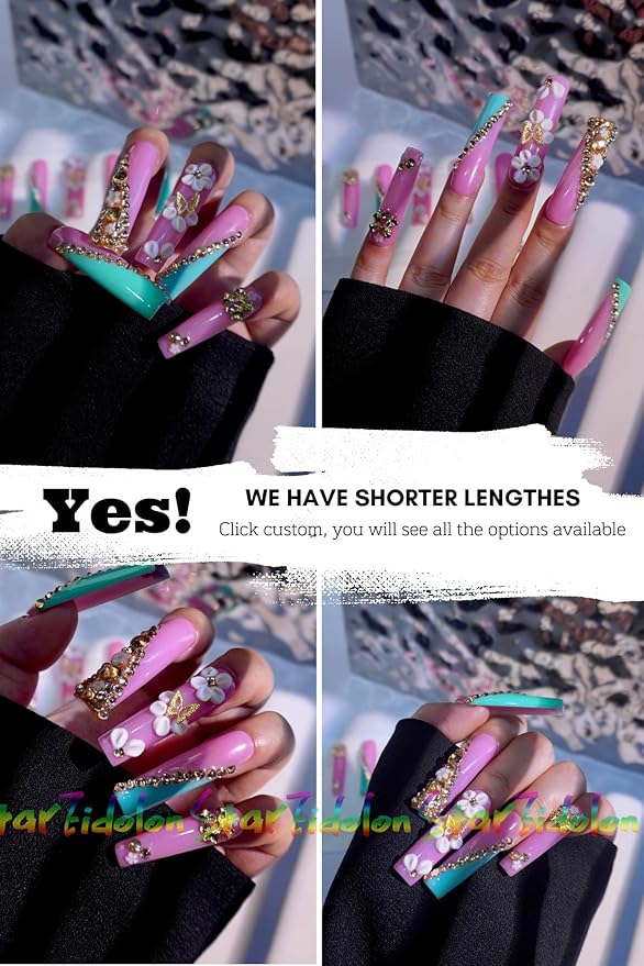 HAND-PAINTED White Press Ons Neon Small Press on Nails Long French Press on Nails Coffin Medium Short Nail art Fake Nail Art Kit with 7g Glue on Nails Handmade Almond Square Nails (Small, T19)