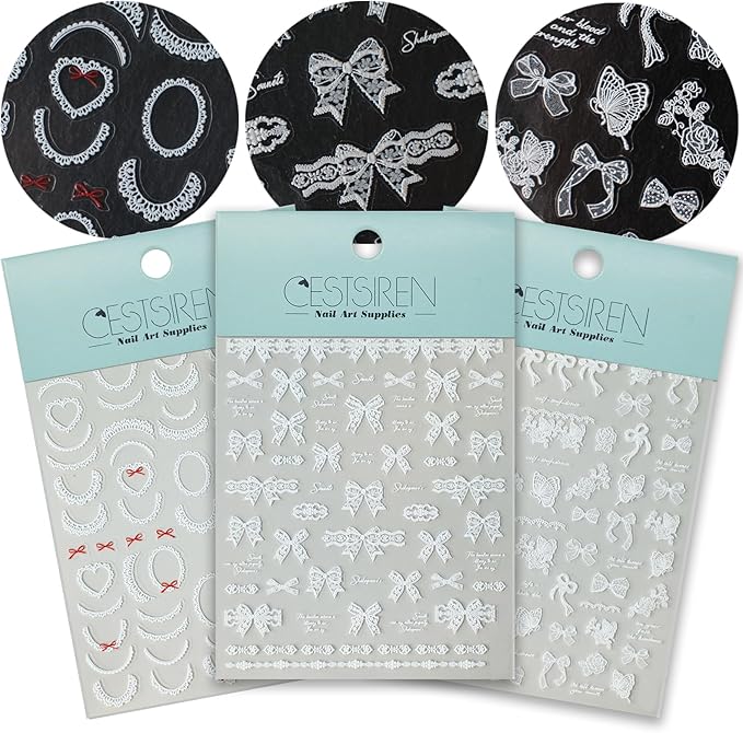White Ruffle Lace Nail Art Stickers, Butterfly Theme Decals, Self-Adhesive, Nail Accessories for Women, French Decorations 3 Sheets