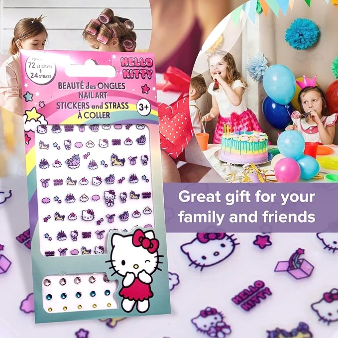 Hello Kitty Nail Stickers – 1 Sheet with 72 Stickers + 24 Rhinestones – Self-Adhesive Nail Art for Girls – Fun Activity & Gift Idea for Birthdays, Crafts, Party Bags and Playdates