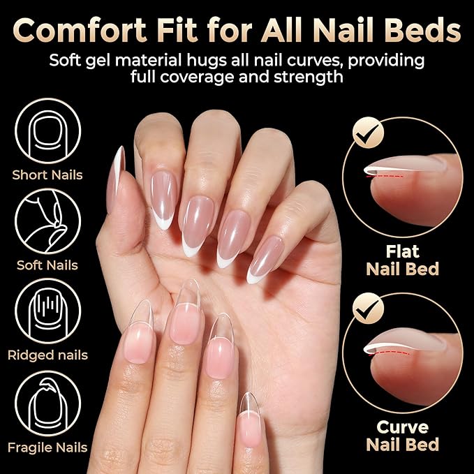 Medium Almond Nail Tips, 504pcs Soft Gel Pre-Filed Acrylic Almond Fake Nails, Half Matte Full Cover Clear Press on Flase Nail Tips for Nail Extension Home DIY 12 Sizes
