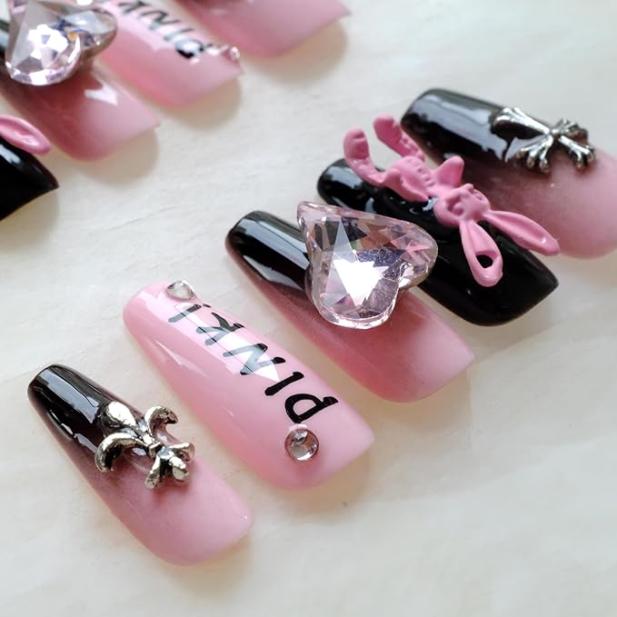 Luxury long Long Ballerina Press-On Nails, Pink and Black Gothic Design with 3D Bunny and Diamond Heart, Handmade False Nail 10 Pieces (Large, LS)
