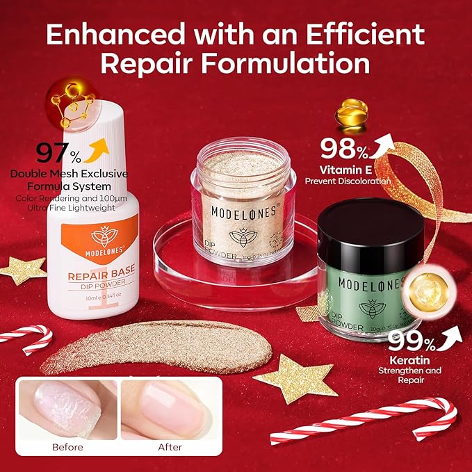 Modelones Christmas Dip Powder Nail Kit, 4 Colors Red Green Gold Glitter Dipping Starter Set with Liquid and Accessories for French Nails Art Salon DIY at Home Manicure